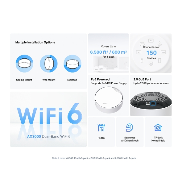 TP-Link Deco X50-PoE (3-Pack) AX3000 Whole Home Mesh WiFi 6 System with PoE | 3000 Mbps Wireless Gigabit Smart Dual Band Router | Multi-Gig 2.5 Gbps Wired Network