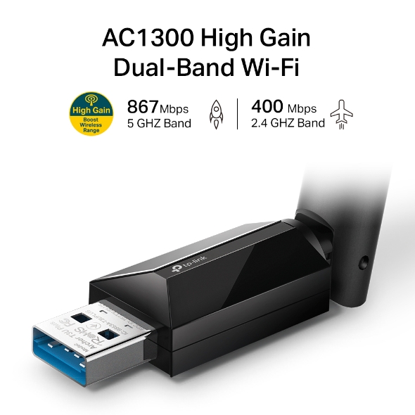 TP-LINK Archer T3U Plus AC1300 High Gain USB 3.0 Wi-Fi Dongle, Wireless Dual Band MU-MIMO WiFi Adapter