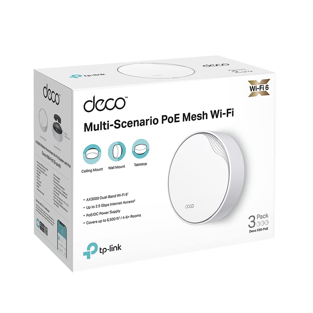TP-Link Deco X50-PoE (3-Pack) AX3000 Whole Home Mesh WiFi 6 System with PoE | 3000 Mbps Wireless Gigabit Smart Dual Band Router | Multi-Gig 2.5 Gbps Wired Network