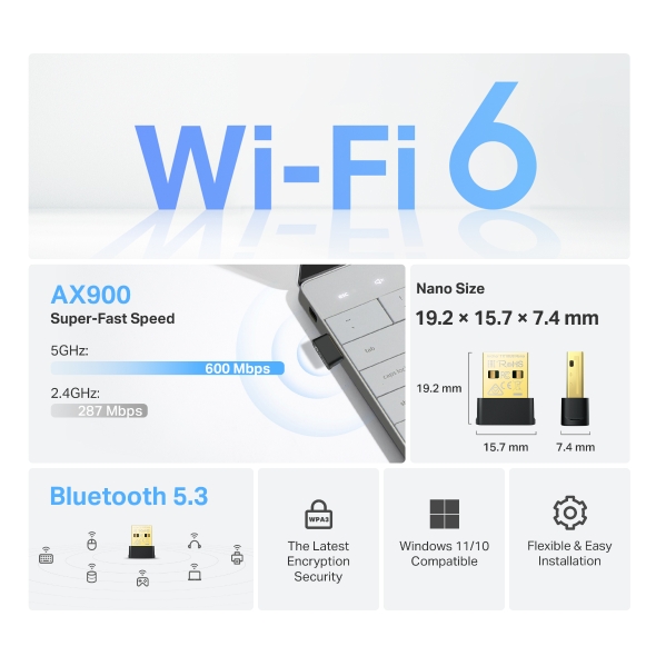 TP-Link Archer TX10UB Nano AX900 Wi-Fi 6 Bluetooth 5.3 USB Adapter, 900 Mbps Dual Band USB 2.0