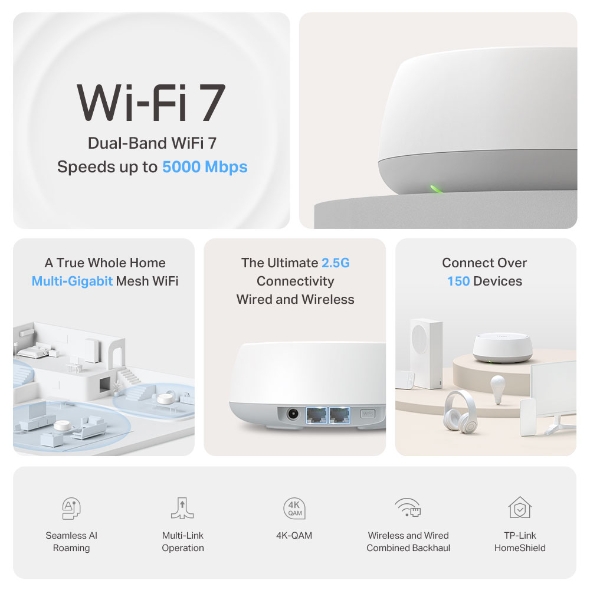 TP-Link Deco BE25 (1-Pack) Dual Band BE5000 Whole Home Mesh WiFi 7 System 8K Streaming 5 Gbps Router 2×2.5 Gbps Gigabit, 4K-QAM, 4 Antennas VPN, MU-MIMO