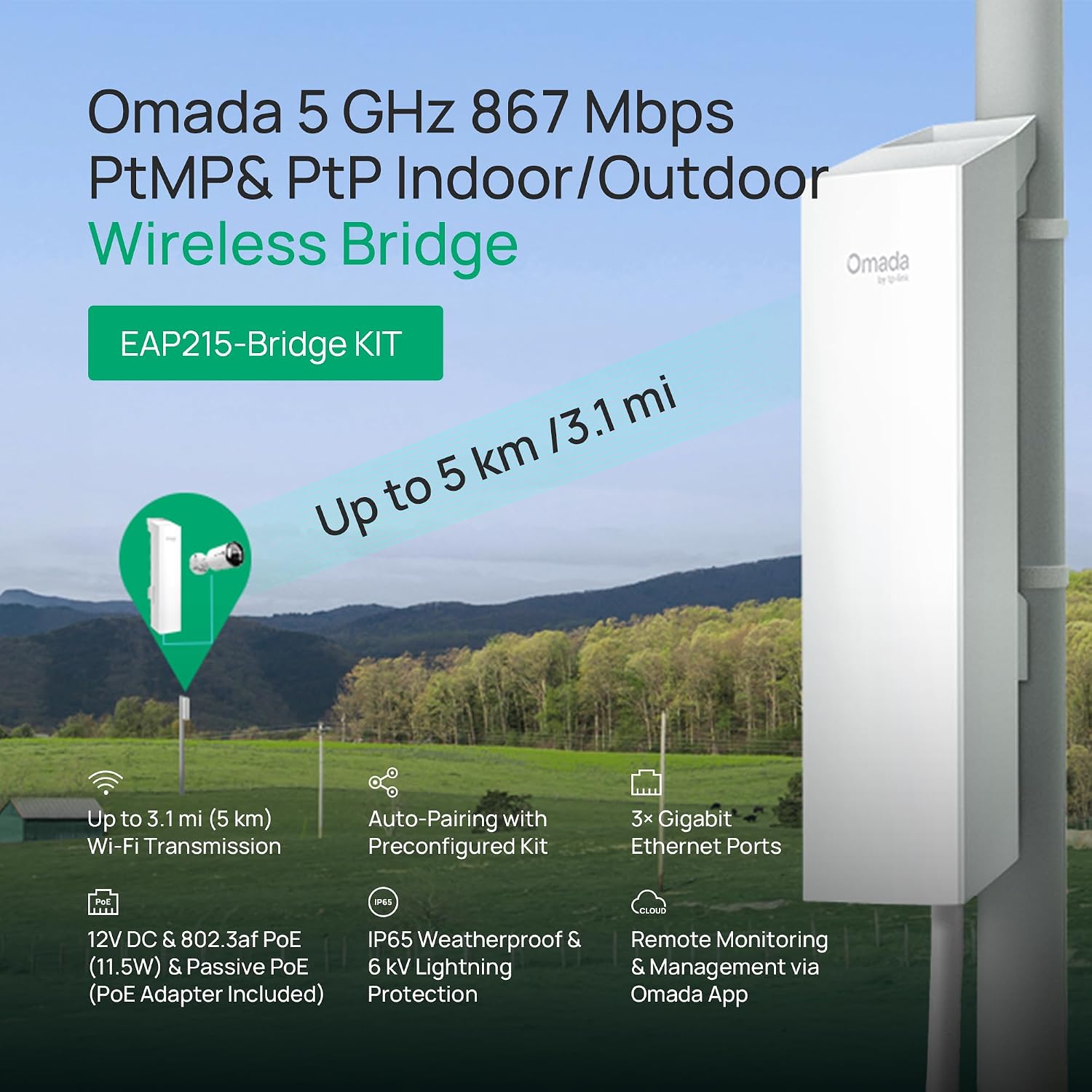 TP-Link Omada EAP215-Bridge KIT Point to Point Wireless Bridge Outdoor – 5GHz, 867Mbps, PtP&PtMP, 5km Range, PoE or DC Powered, IP65 Weatherproof